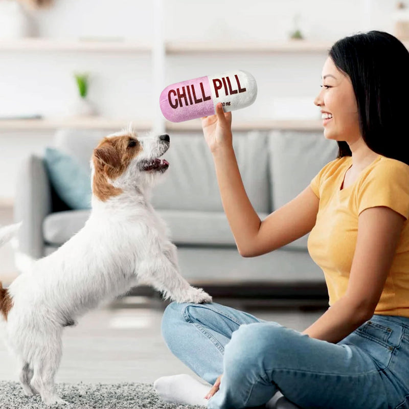 CUweipeng Funny Chill Pill Dog Toy - Interactive Dog Teething Squeak Toys Squeaky Pet Toy Indoor Bite Kick Plush Dog Cat Play Toys Supplies for Puppies Small Dog Pet Present Cats Pet Lovers Gift #Pink Pink - PawsPlanet Australia