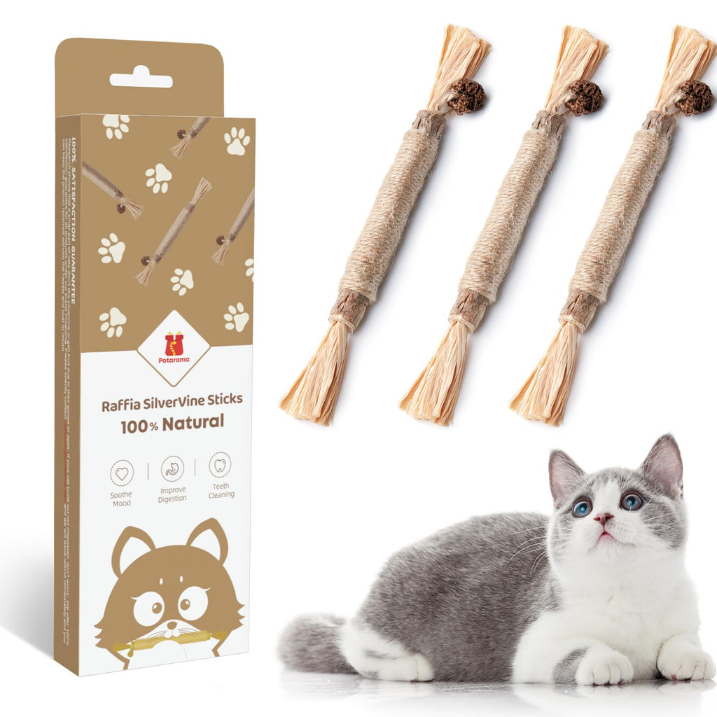 Potaroma 3 Pack Silvervine Cat Toys, Catnip Cat Chew Toys Teeth Cleaning, Matatabi Cat Treat, Edible Kitty Toys 3 Sticks