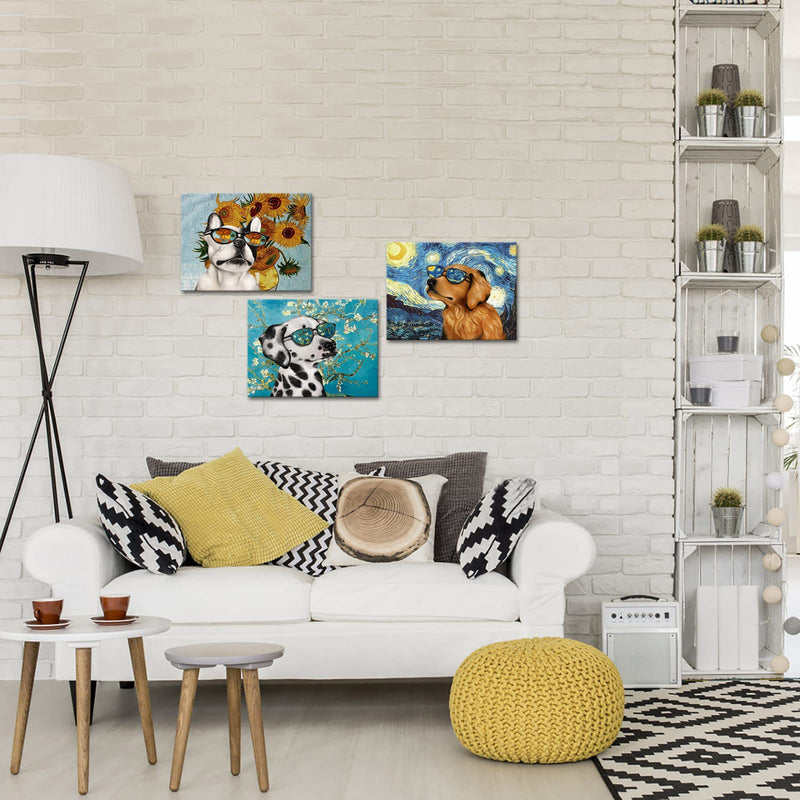 Visual Art Decor Creative Dog Picture for Wall Decor Van Gogh Starry Night Sunflower Sunflower Painting Prints in Dog's Sunglasses Bulldog Dalmatian Golden Retriever Poster for Living Room Pet Club