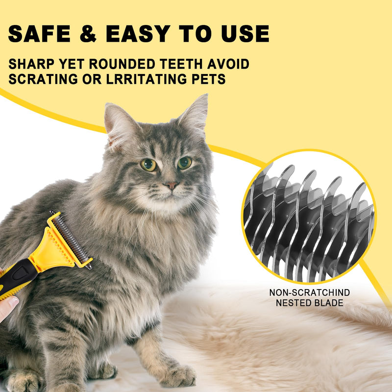 Pet Grooming Brush, Double Sided Undercoat Rake for Dogs & Cats, Professional Deshedding Brush and Dematting Tool, Safe and Effective Removing Knots, Mats, Tangles,and Flying Hair Yellow - PawsPlanet Australia