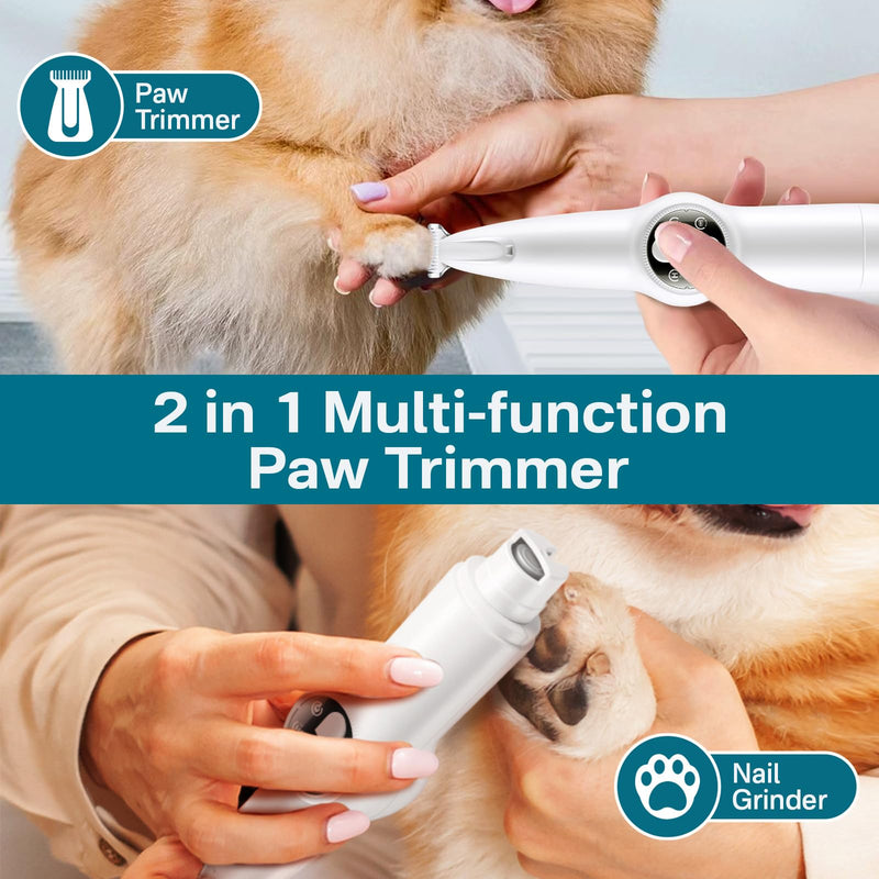 Dog Paw Trimmer & Nail Grinder 2in1 Upgrade [Ultra-Low Noise] [Micro Precision] Cordless Clippers for Grooming Kit, Pet Hair Shears for Cat Small Dogs, Electric Razors with LED Light White - PawsPlanet Australia