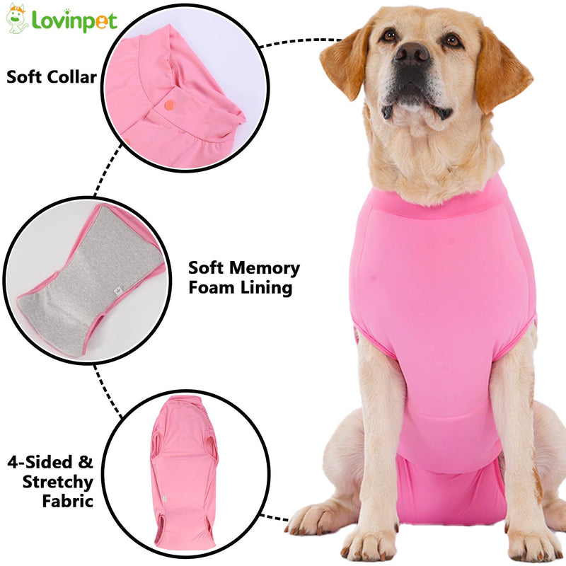 LovinPet Dog Recovery Suit, Easy Snap-Back Cover for Large Dogs, Bodysuit for Female Dogs, Solid-Color Surgery Suit with Cushioned Belly Panel, Pink, XXL XX-Large