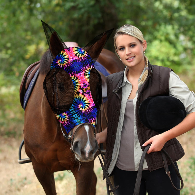 Frienda 4 Pcs 4th of July Horse Fly Masks with Ears Face Covering UV Protection from Insect Pests Elasticity Smooth Comfortable Mesh Horse Mask Accessories(Tie-dye,Large) Tie-dye Large