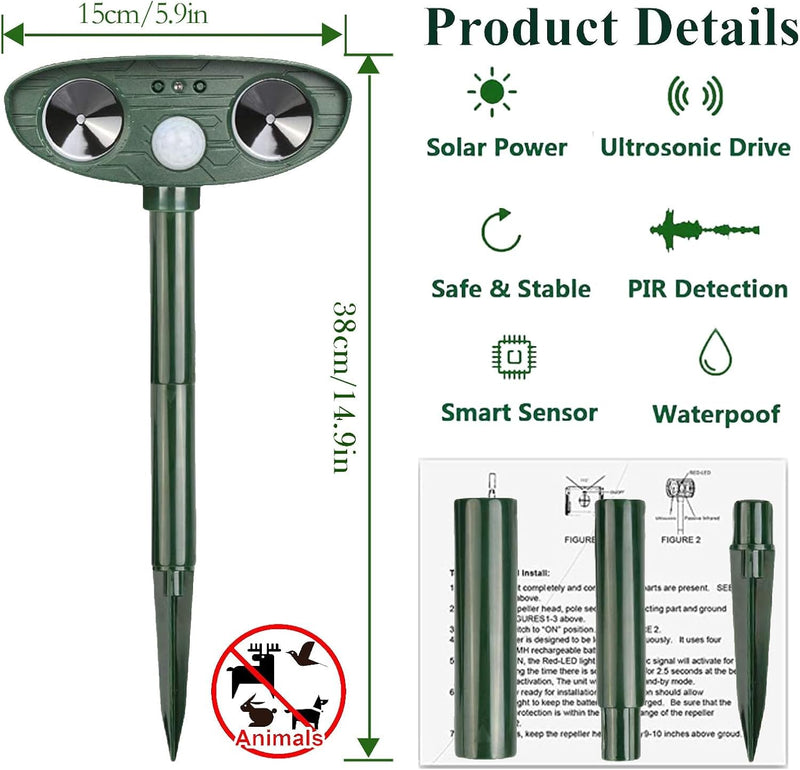 Ultrasonic Cat Deterrent,Solar Powered Deterrent with Motion Sensor and Flashing Lights Outdoor Solar Farm Garden Yard Device,Dogs,Cats,Birds