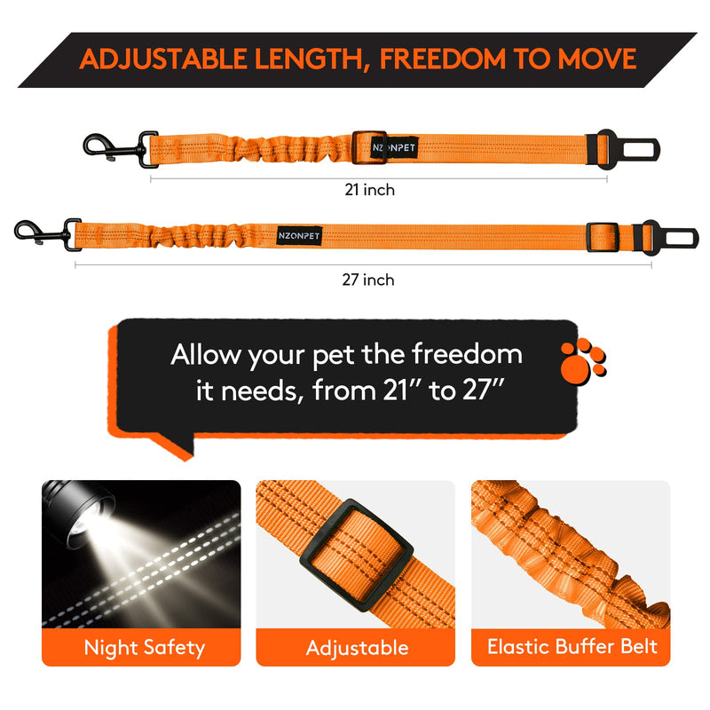 Nzonpet Dog Seat Belt, Retractable Dog Car Seatbelts, Safety Dog Seat Car Harness for Car Travel, Reflective Heavy Duty Pet Seat Belts w/Stainless Hook and Elastic Bungee Buffer-Orange Orange - PawsPlanet Australia