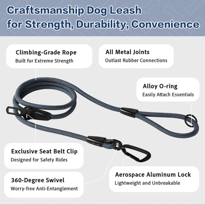 PawsPassion Rope Dog Leash 6 FT, 2-in-1 Heavy Duty Dog Leash with Seat Belt Buckle, Tangle Free 360ｰ Swivel Aviation Aluminum Carabiner, All Metal Hardware, Alloy O-Ring (Nightfall) Nightfall - PawsPlanet Australia