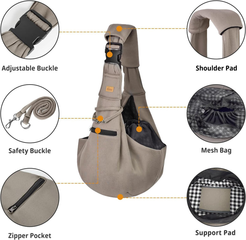 CUBY Puppy Carrier, Adjustable Reversible Cat Dog Sling Carrier for Small Medium Dogs Hands-free Puppy Sling Protect Shoulder Strap with Safety Belt Zipper Pocket Bottom Mat Khaki - PawsPlanet Australia