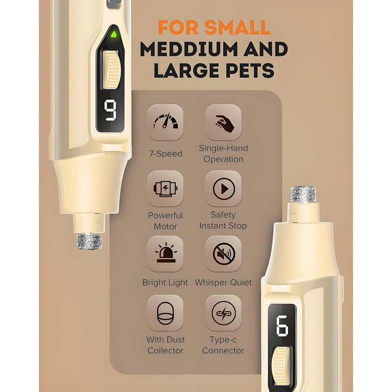 Dog Nail Grinder with Dust Collector, 7-Speed Powerful Nail Trimmer for Dogs, Cats & Large Pets, Features LED Light & Single-Hand Control, Quiet & Rechargeable (7-Speed with Dust-Collect)