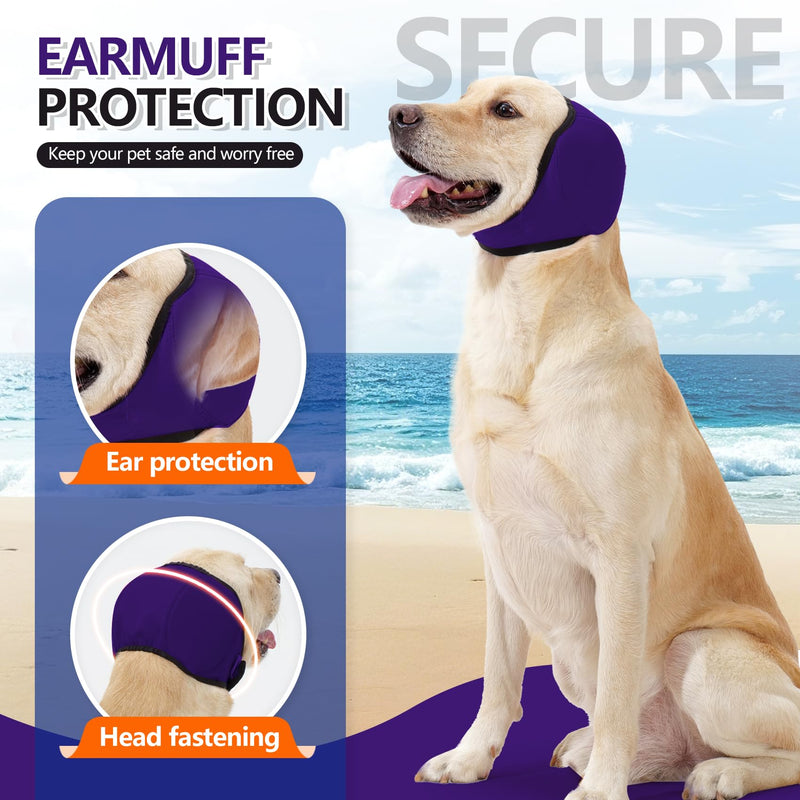 JOHNBOLIN Dog Ear Muffs & No Shake Ear Wrap for Hematoma, Bathing, Drying & Noise Anxiety Relief - Elastic Waterproof Ear Protector with Calming Hoodie Design for Grooming (Purple, L) Large(Head Circle:18"-24") Purple