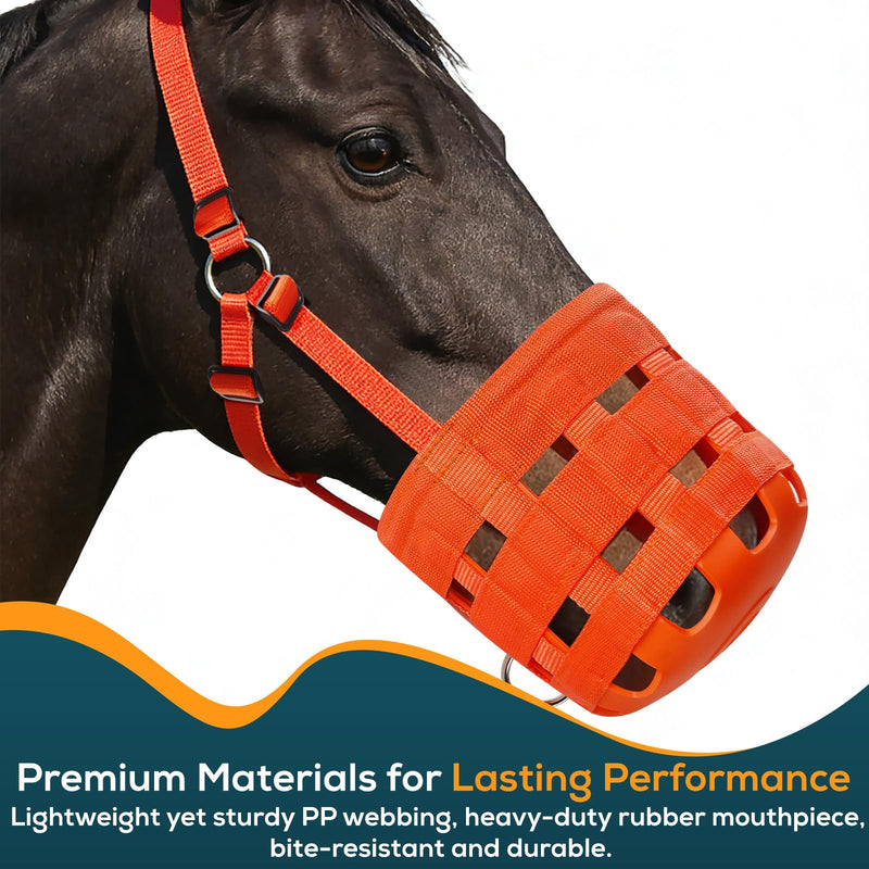 Durable Ventilated Grazing Muzzle with Attached Breakaway Halter - Lightweight Horse Muzzle, Supports Natural Grazing, Restricts Food Intake, Padded Noseband Onyx Orange