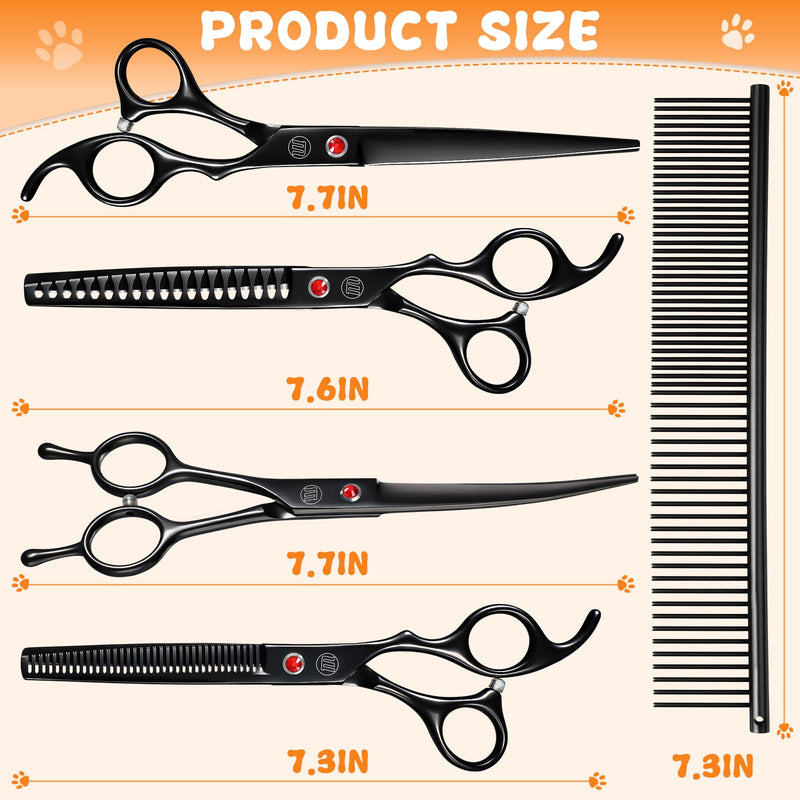 Moontay Dog Grooming Scissors Set Professional, 7 Inch Pet Grooming Scissors, 8 in 1 Straight, Curved, Thinning, Fishbone Scissors with Comb, Tension Adjuster, Cleaning Cloth and Storage Case, Black