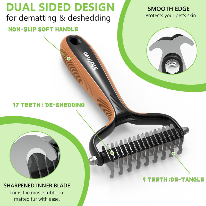 Deshedding Dog Brush for Shedding - 2-in-1 Professional Undercoat Rake and Furminator for Dogs | Shedding Control for Long-Haired Dogs and Cats, Deshedding Tool, Knot Removal,Orange Orange - PawsPlanet Australia
