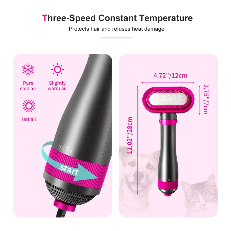Dog Hair Dryer, 2-in-1 Dog Hair Blower with Brush, 3-Modes Blow Professional Home Grooming Drying for Small Large Cat Pet Puppy Rose - PawsPlanet Australia