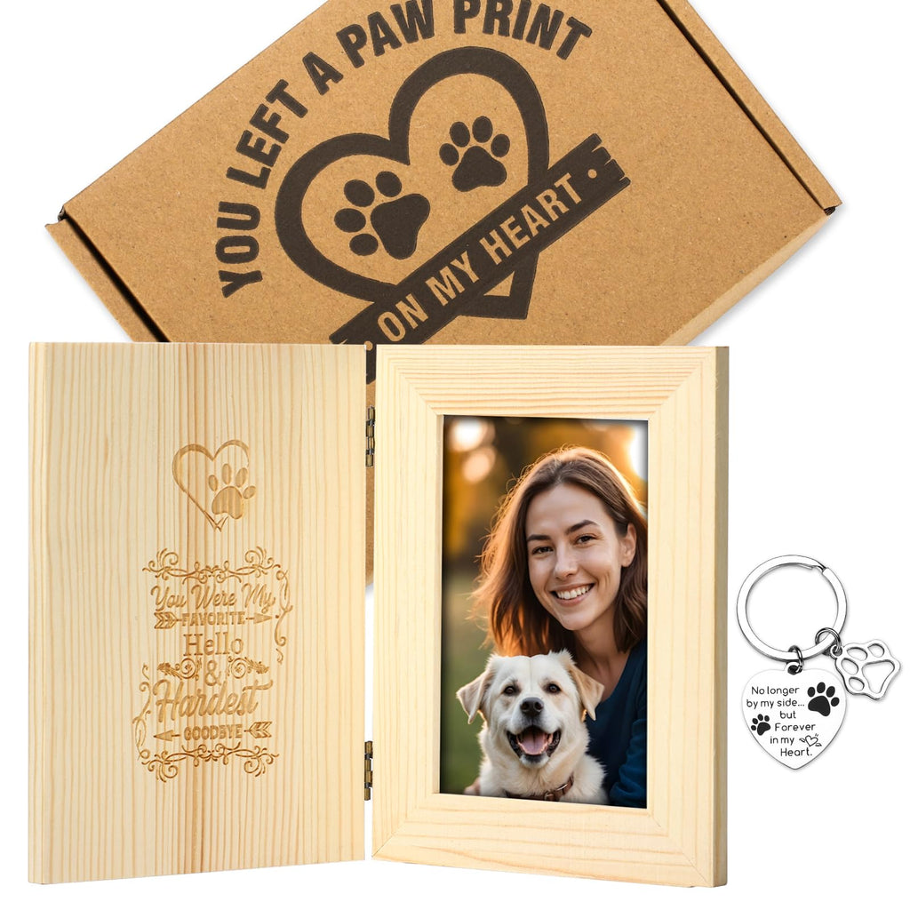 Dog Memorial Gifts for Loss of Dog, Pet Memorial Gifts for Dogs Wooden Hinged Tabletop Dog Picture Frame for 4x6 Inch Photo, Loss of Dog Sympathy Gift, Pet Loss Gifts Include Dog Remembrance Keychain