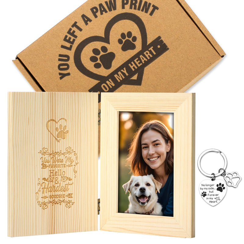 Dog Memorial Gifts for Loss of Dog, Pet Memorial Gifts for Dogs Wooden Hinged Tabletop Dog Picture Frame for 4x6 Inch Photo, Loss of Dog Sympathy Gift, Pet Loss Gifts Include Dog Remembrance Keychain