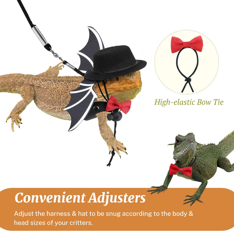 Bearded Dragon Lizard Leash Harness (S/M/L 3 Pack), Adjustable Leash Bat Wings Costume Accessories with Hat & Bow Tie Collar for Lizard Reptile, Gecko, Iguanas, Amphibians & Small Animals