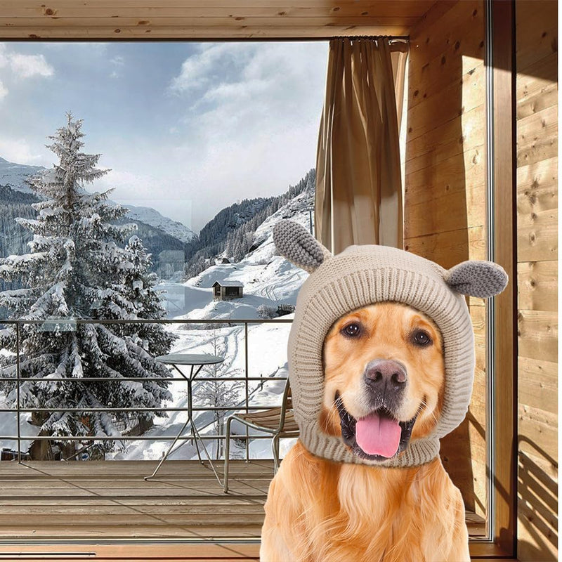 Tiiyee Quiet Ears for Dogs, Pet Ear Covers Hoodies Earmuffs Snood Noise Protection for 33-55lb Medium to Large Pets Knitted Fabric Hat Warm Winter Scarf Head Wrap Anti Anxiety Barking Headwear(Beige)