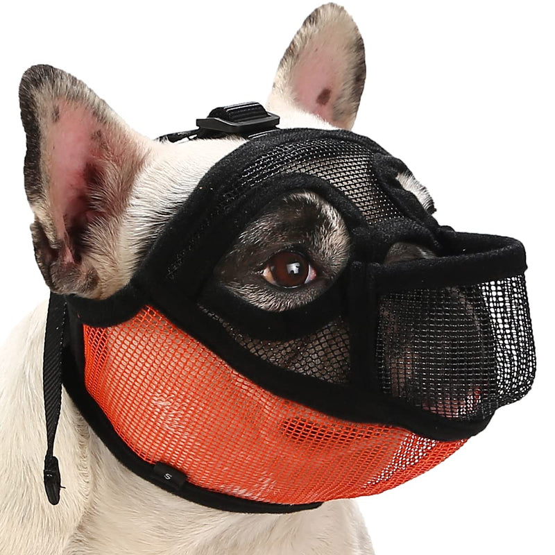 BARKLESS French Bulldog Muzzle, Short Snout Dog Muzzle for Shih Tzu English Bulldog, Mesh Dog Muzzle with Tongue Out Design, Flat Face Dog Muzzle for Biting Chewing Grooming S (Head 15.0-17.5'') Black/Orange