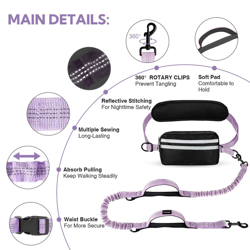 Hands Free Dog Leash, Adjustable Waist Belt with Double Padded Handles,Retractable Bungee, Waist Leash for Dog Walking,Running, No Pull,Purple Purple Large 1 Leashes