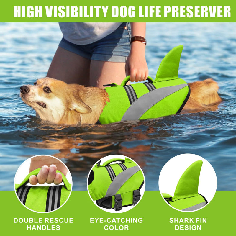Mosucoirl Dog Life Jacket High Flotation,Shark Dog Lifesavers Floats Coat High Visibility Reflective Pet Safety Vest Swimsuits Small Medium Large Dog Life Vest for Swimming Boating Surfing Kayaking Green - PawsPlanet Australia