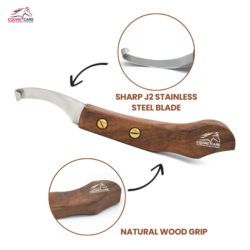 Equine Care Right-Handed Hoof Knife – Ultra-Sharp J2 Steel Blade | Professional Farrier Hoof Knife & Horse Hoof Trimmer | Ergonomic Wooden Handle for Horses & Livestock Hoof Care Right Handed