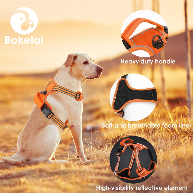 Dog Harness Medium No Pull for Large Dogs and Lead set Adjustable Reflective Pet Vest with Front clip Handle Padded dog harness best for outdoor Training and walking Orange L