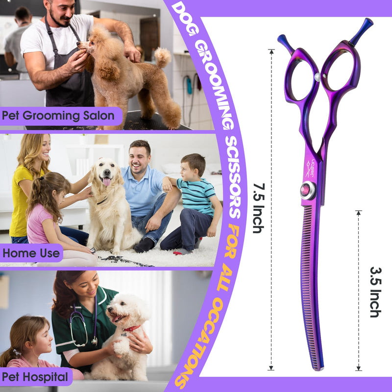 JASON 7.5" Dog Grooming Scissors - Professional Curved Thinning Shears for Grooming, Japanese 440C Stainless Steel Blender Shears with Diamond Adjustable Screw (65 Teeth, Purple) Christmas Gift A-Curved Thinner - PawsPlanet Australia