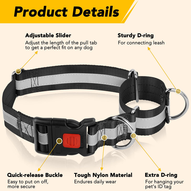 Mayerzon 1.5" Wide Reflective Martingale Collar for Large Dogs, Patented No Pull Heavy Duty Walking Training Dog Collar for Pitbulls German Shepherds, with Buckle, 2 D-Rings, Adjustable (Black, L) Black L: 16.5" - 20.75" - PawsPlanet Australia