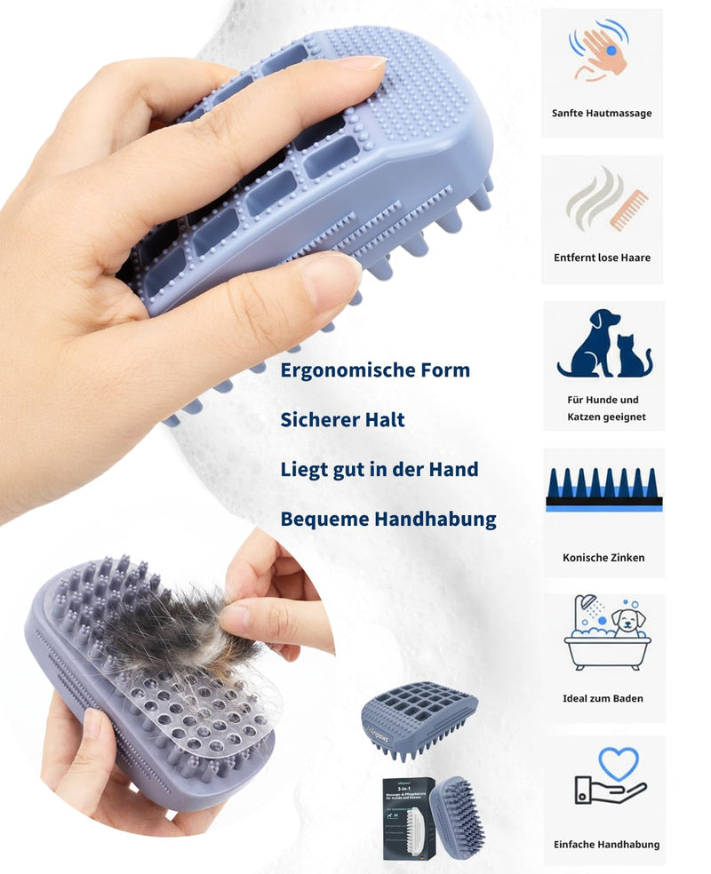 Bath Brush & Rubber Curry for Dogs & Cats - Mouse Shaped Silicone Washing Brush with Non-Slip Sides | Sturdy Handle When Bathing | Massage & Removes Loose Top Coat
