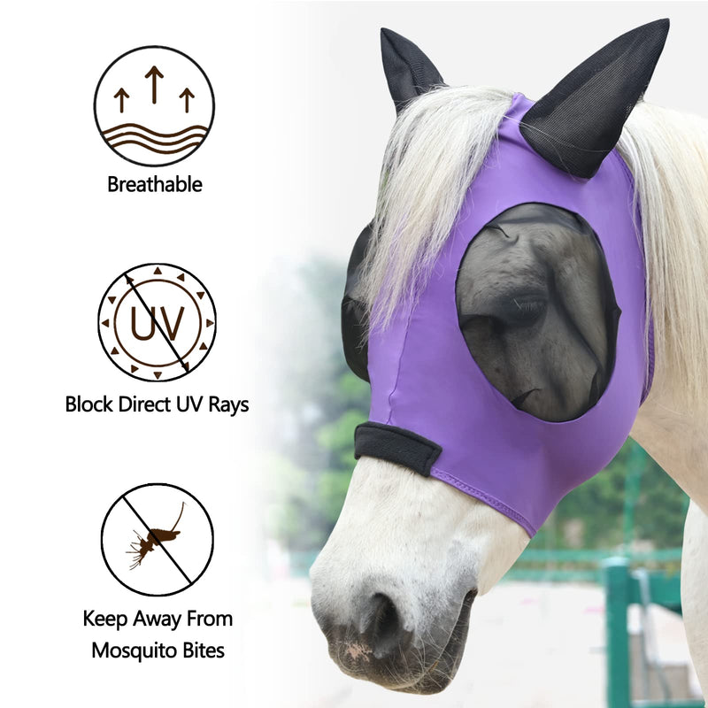 Horse Fly Mask, Fly Masks for Horses with Ears, Super Comfort & Stretchy Fitting Lycra Equine Fly Mask Violet Full Violet(A) - PawsPlanet Australia