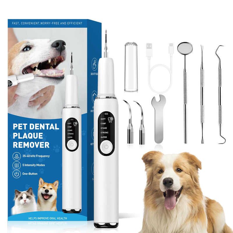 Dog Teeth Cleaning Kit Dog Plaque and Tartar Remover with LED Light 5 Adjustable Modes Electric Toothbrush Pet Teeth Cleaner for Dogs and Cats (White)