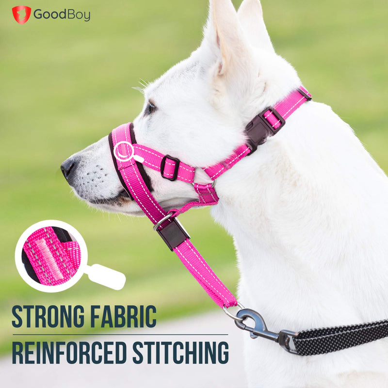 GoodBoy Dog Head Halter with Safety Strap - Stops Heavy Pulling On The Leash - Padded Headcollar for Small Medium and Large Dog Sizes - Head Collar Training Guide Included (Size 4, Pink Nylon) Size 4 (Pack of 1) Pink Nylon / Black Padding - PawsPlanet Australia