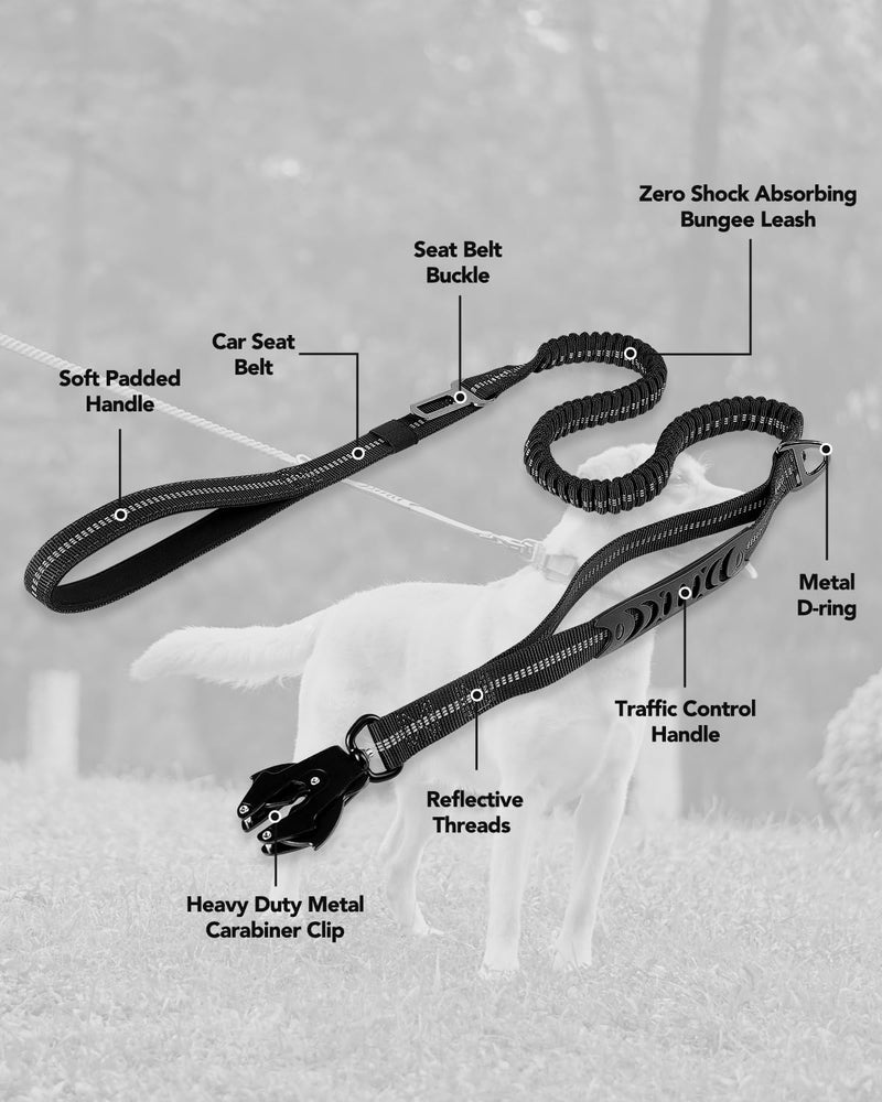 Joytale Tactical Dog Leash Heavy Duty, 4-6FT Shock Absorbing Bungee Lead with 2 Padded Handle, Metal Carabiner Clip, Car Seatbelt, Strong No Pull Leash for Medium Large X-Large Dogs, Black - PawsPlanet Australia