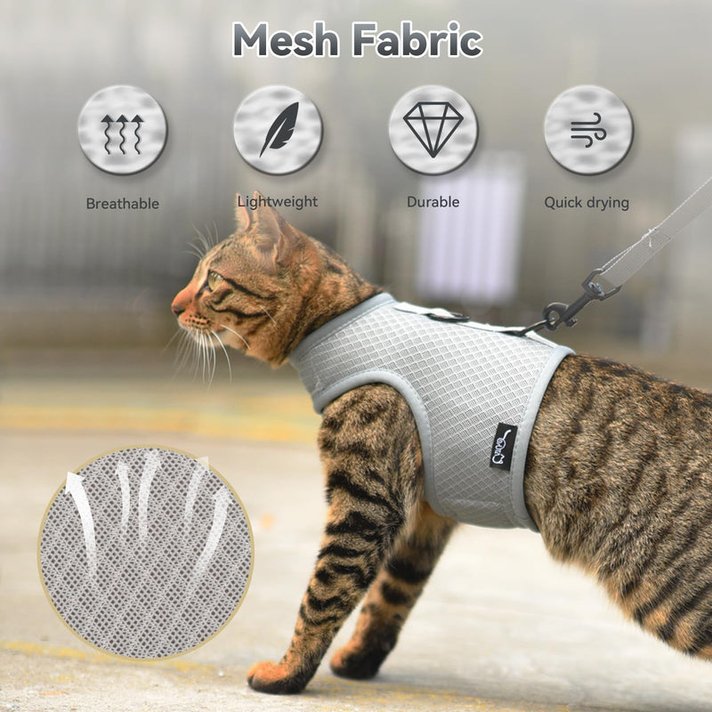 Cat Harness and Leash Escape Proof Breathable Mesh Fabric Adjustable Padded Stylish Cat Harness Solid Grey L Grey (mesh fabric) L 8-12LBS