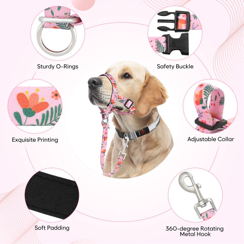 HIGO Dog Head Collar, Adjustable Head Collar for Dogs, No Pulling Head Halter, Training Nose Leash, 3 Pattern Muzzle Leash for Small Medium Large Dogs Easy Walking (Pink, L) Pink - PawsPlanet Australia