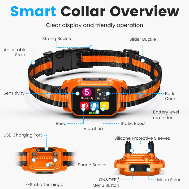Smart Dog Bark Collar - Anti Barking Device for Large Medium Small Dogs, Stop Excessive Barking & Aggression Behavior, with 5 Modes & 5 Sensitivity, IP67 Waterproof for Indoor/Outdoor Use, Orange - PawsPlanet Australia