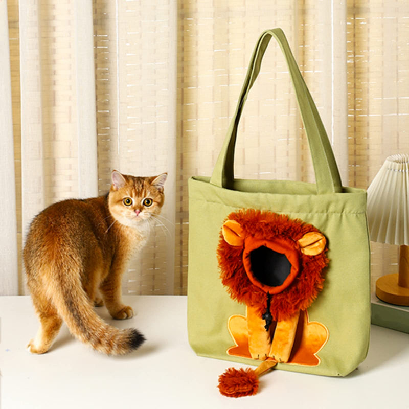 Dog Tote Bag with Zipper Cat Shoulder Carrier Lion-Shaped Pet Canvas Bag for Daily Use Walking Travel (L, Light Green) L: 17.32x15.75 Inches