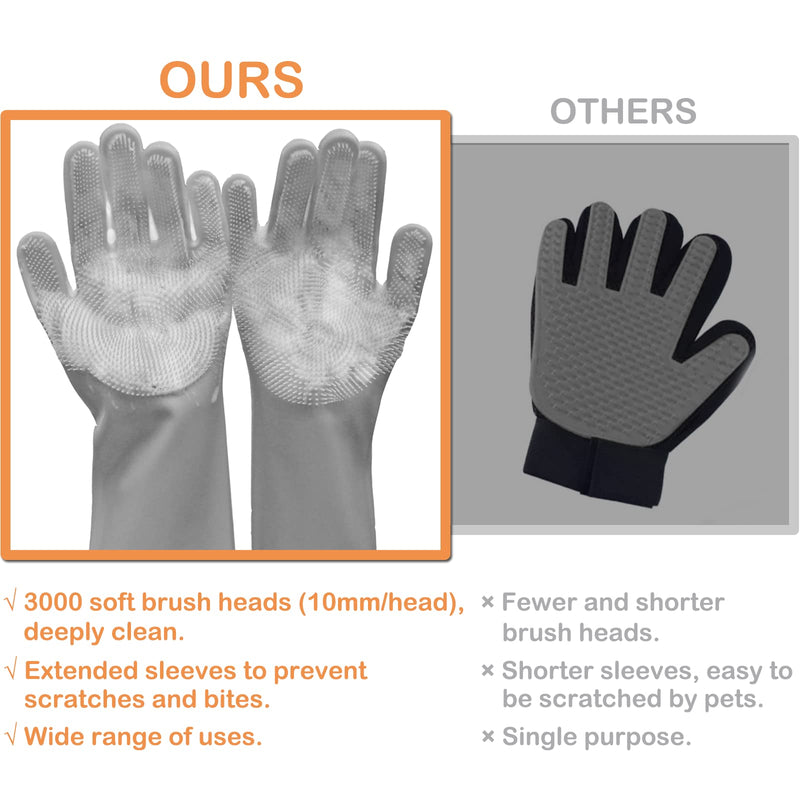 Pet Grooming Gloves, Dog Bathing Gloves with High-Density Teeth, Heat Resistant Silicone Cat Hair Remover with Enhanced Five Finger Design, Bathing and Massaging for Dogs and Cats (Grey) Grey - PawsPlanet Australia