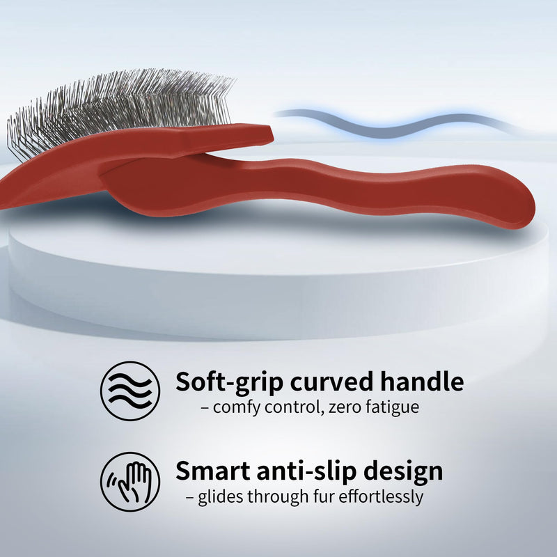 Pet Slicker Brush for Long & Short Hair - Detangling Tool for Dogs & Cats - 135° Angled Stainless Steel Pins, Curved Handle - Gentle Grooming for Small/Medium/Large Breeds (Red) Red
