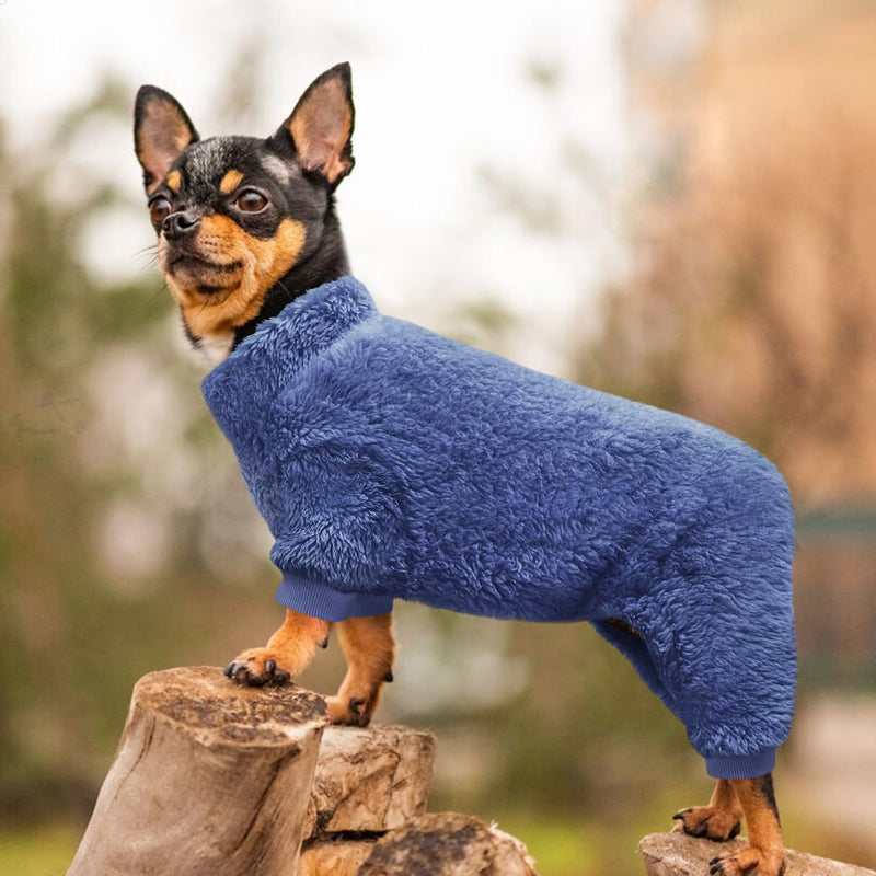 Idepet Velvet Dog Pajamas, Turtleneck Dog Sweater Fuzzy Plush Onesie Soft Cat Apparel Pet Clothes Winter Outfit Doggy Pjs Puppy Jumpsuit for Small Dogs Cats (Navy,M) Medium(Chest:14.1.0") Navy - PawsPlanet Australia