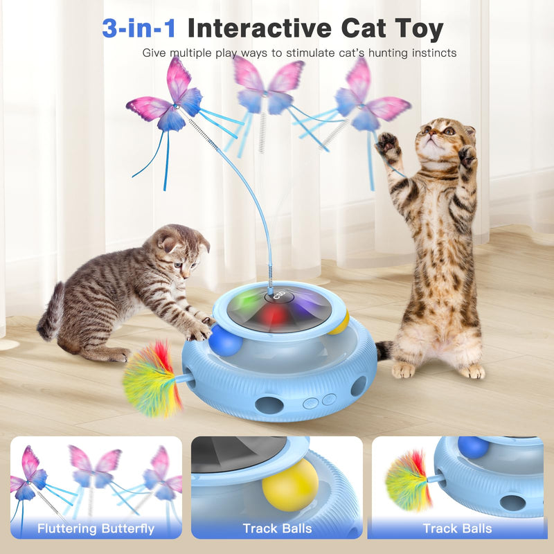 Cat Toys，3 in 1 Interactive Cat Toys for Indoor Cats，Automatic Kitten Toys with Fluttering Butterfly, Track Balls and Random Moving Ambush Feather，Rechargeable Feather Toys (sky blue) sky blue - PawsPlanet Australia