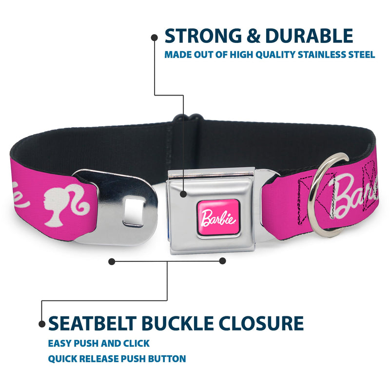 Mattel Easy Adjustable Metal Seatbelt Buckle Quick Release Dog Collar, Barbie Script Signature Logo and Silhouette Hot Pink White, 16 to 23 Inches 1.5 Inch Wide 1.5" Wide - Fits 16-23" Neck - Medium - PawsPlanet Australia