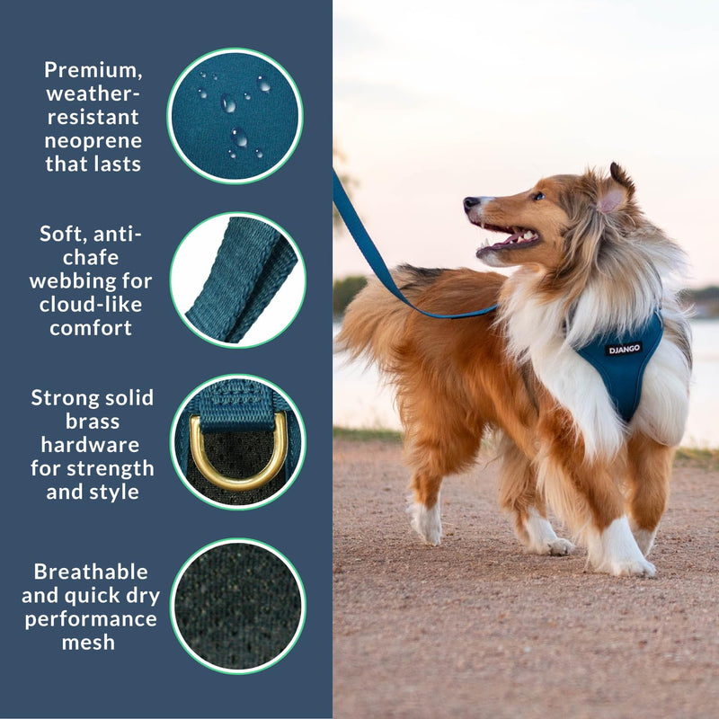 DJANGO Adventure Dog Harness – Comfortable, Durable, and Reflective Neoprene Dog Harness for Outdoor Adventures and Everyday Wear – Adjustable Design with Solid Brass Hardware (Small, Indigo Blue) S