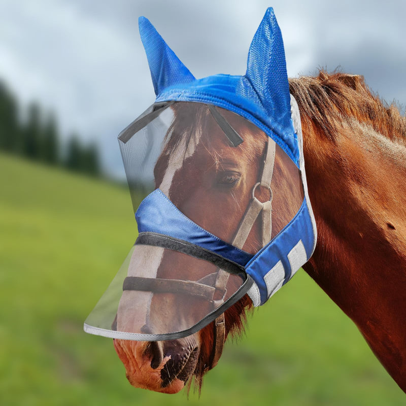 Horse Fly Mask,Horse Fly Mask with Nose,Masks for Horses with Ears,Ear Bonnet for Horses,Donkey Mask Fabric with Purple Line Protection Soft Mesh for Horse Summer (Blue, S) Blue