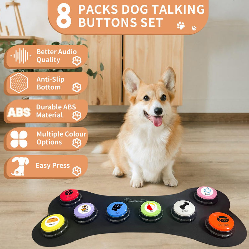 Set of 8 Dog Buttons,Dog Training Buzzer with Rubber Mat,Dog Communication with Stickers,Dog Talking Button Set,Speaking Button for Dogs with Waterproof Anti-Slip,30 Second Record & Playback - PawsPlanet Australia