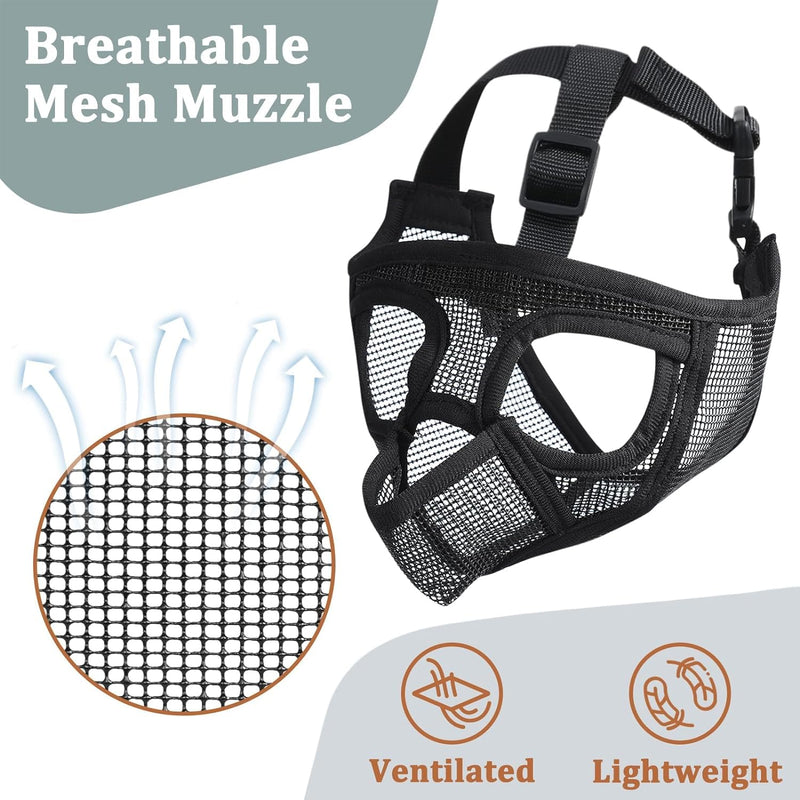 Mayerzon Short Snout Dog Muzzle, French Bulldog Muzzle with Tongue Out Design to Prevent Eating Biting Licking, Mesh Dog Muzzle for Shih Tzu Pug English Bulldog, Breathable Muzzle for Grooming Walking Black S [Head Cir: 15"-17½"]