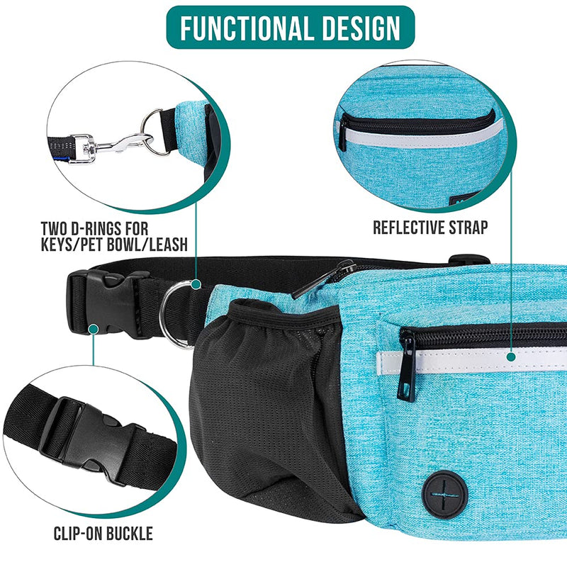 PetAmi Dog Fanny Pack, Treat Pouch for Dog Walking, Training, Built in Poop Bag Dispenser, Water Bottle Holder, Collapsible Bowl, Pet Treat Waist Belt for Hiking, Running, Kibbles (Turquoise) Sea Blue - PawsPlanet Australia