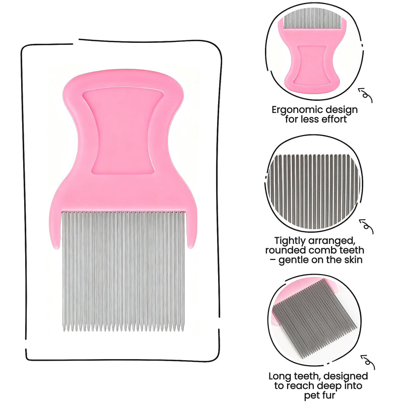 5 Pack Flea & Lice Comb Set for Cats, Dogs & Kids – Stainless Steel Fine Tooth Nit Comb Kit with Double-Sided Tear Stain Remover, Grooming Brush & Peine para Piojos for Thick Hair (Pink) Pink 1-Pack