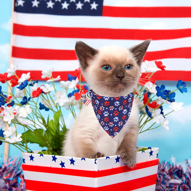 American Flag Cat Collar Breakaway with Cute Bow Tie Bell, 4th of July Cat Bandana Collar, Patriotic Cat Bowtie Collars for Cats Kittens (Blue) Blue