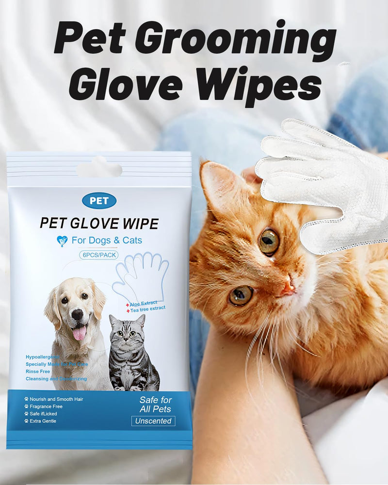 Pet Cleaning and Deodorizing Bathing Disposable Grooming Glove Wipes for Dogs and Cats, Extra Thick Nourish Fur No-Rinse Grooming Wipes for Daily Care and Travel, Hypoallergenic, Unscented, 6PCS/Pack - PawsPlanet Australia